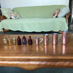 Vintage Copper Measuring Cup & Miniature bottles